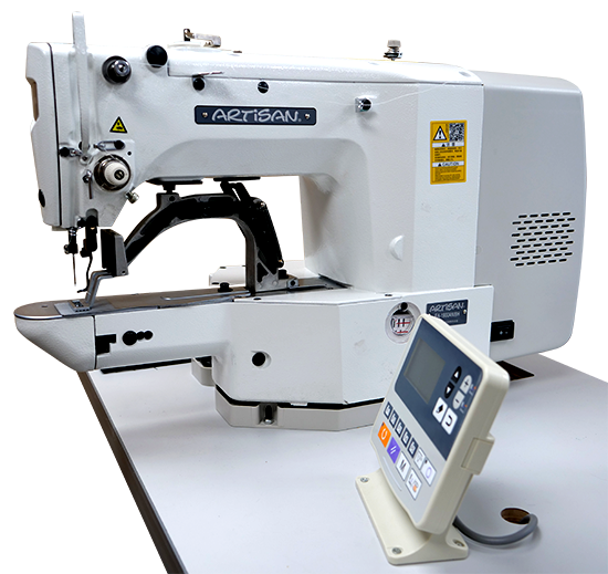 The Artisan LK-1900AN B-H Heavy-Weight High-Speed Computer Controlled Bartacking Industrial Sewing Machine has a DD (Direct Drive) electronic servo motor.