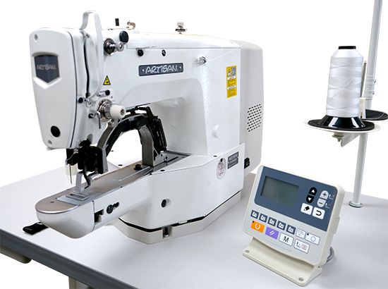The Artisan LK-1900AN B-H Heavy-Weight High-Speed Computer Controlled Bartacking Industrial Sewing Machine has a DD (Direct Drive) electronic servo motor.